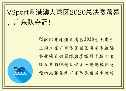 VSport粤港澳大湾区2020总决赛落幕，广东队夺冠！