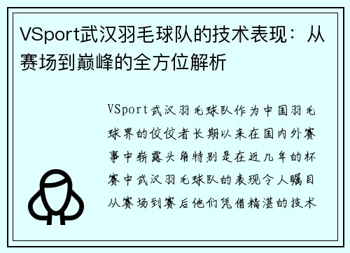 VSport武汉羽毛球队的技术表现：从赛场到巅峰的全方位解析