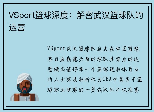 VSport篮球深度：解密武汉篮球队的运营