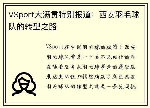 VSport大满贯特别报道：西安羽毛球队的转型之路