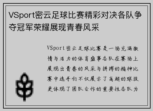 VSport密云足球比赛精彩对决各队争夺冠军荣耀展现青春风采