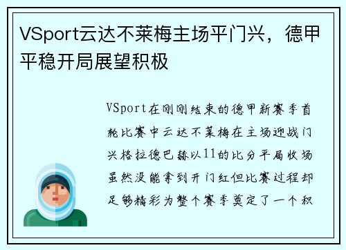 VSport云达不莱梅主场平门兴，德甲平稳开局展望积极