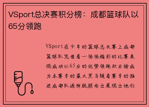 VSport总决赛积分榜：成都篮球队以65分领跑