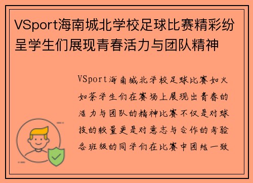 VSport海南城北学校足球比赛精彩纷呈学生们展现青春活力与团队精神