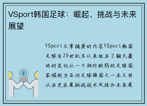 VSport韩国足球：崛起、挑战与未来展望