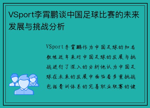 VSport李霄鹏谈中国足球比赛的未来发展与挑战分析