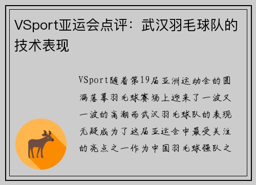 VSport亚运会点评：武汉羽毛球队的技术表现